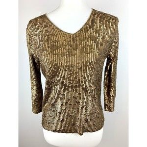 VTG Oscar De La Renta Disco Sequin Top Small Gold Sequins On Cotton Sweater